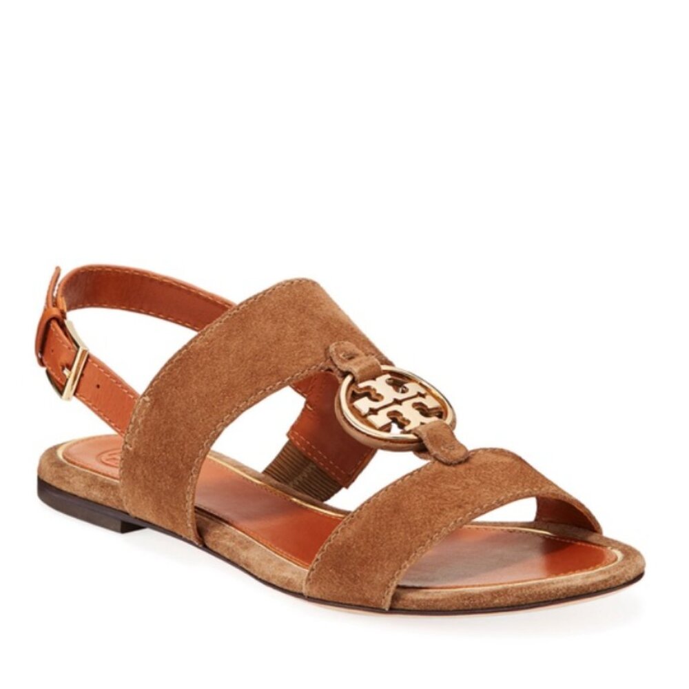 Tory Burch Brown Suede Logo Slingback Sandals